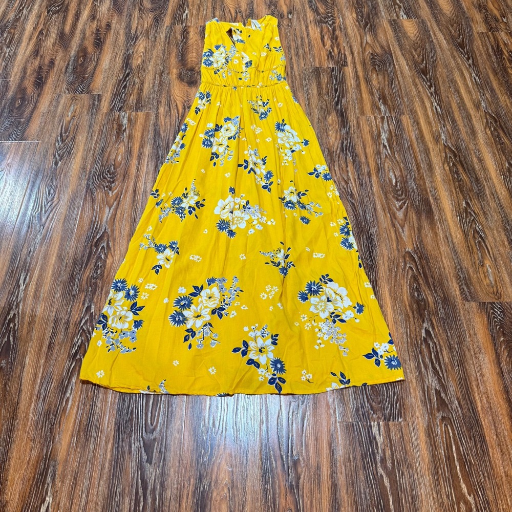 Japna Size S Yellow Floral Sleeveless Maxi Dress Boho Smocked Back Rayon FLAW